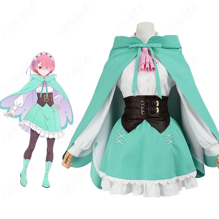 レムのコスプレ一式を着用した完成イメージ。メイド基調にマントと小物で再現度を高めた全身ビジュアル