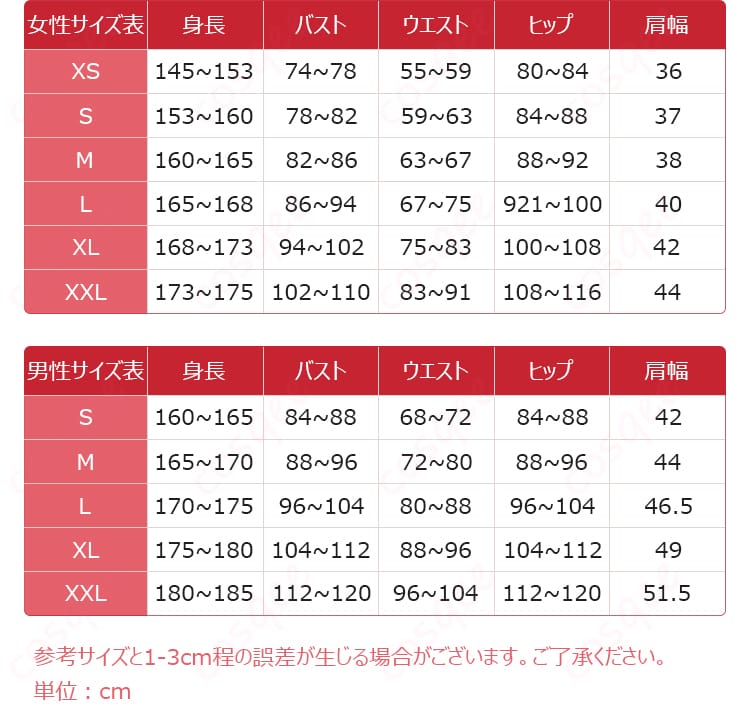 衣装サイズ表と各パーツの寸法ガイド。S〜XLの対応範囲を説明