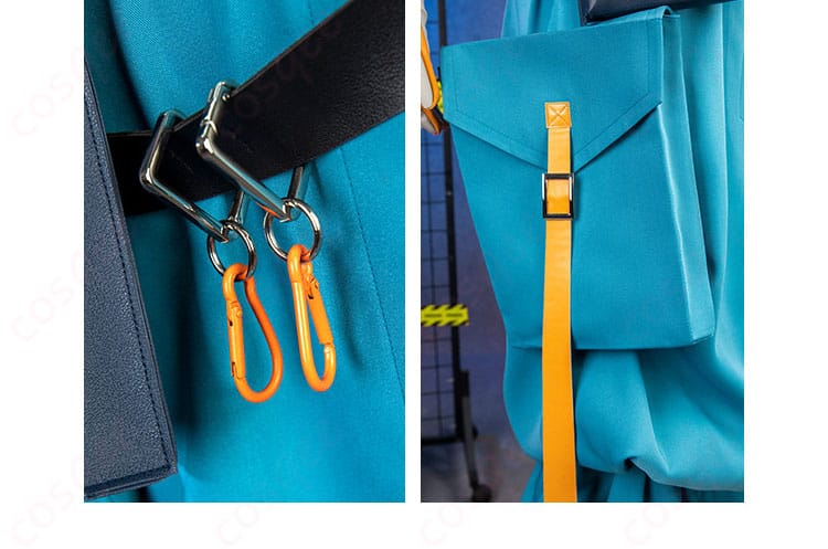 付属アクセサリーのクローズアップ（首飾り・名札・金具）