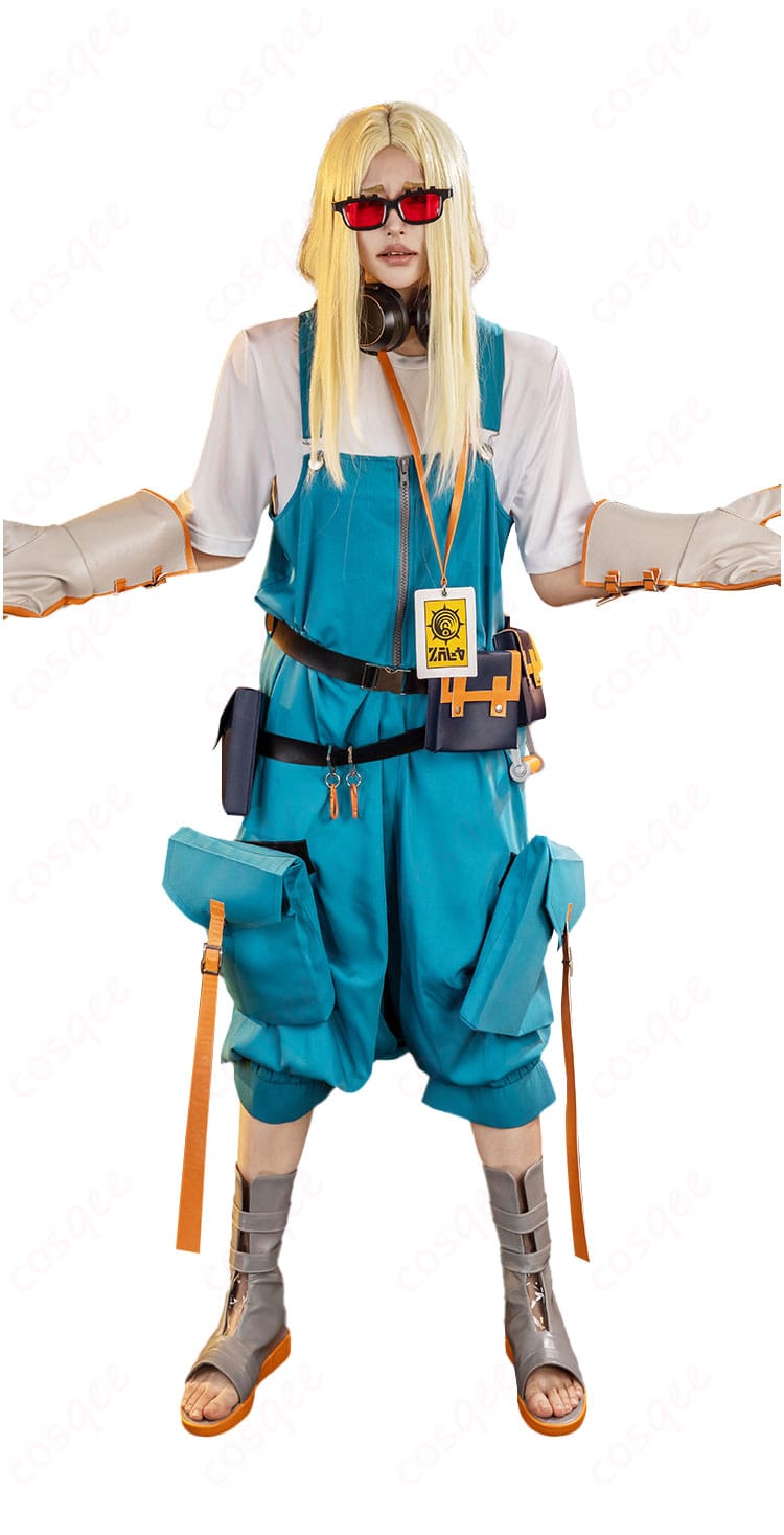 オーガスト・スティルザ衣装の正面全身カット（オーバーオールとベルトの配置）