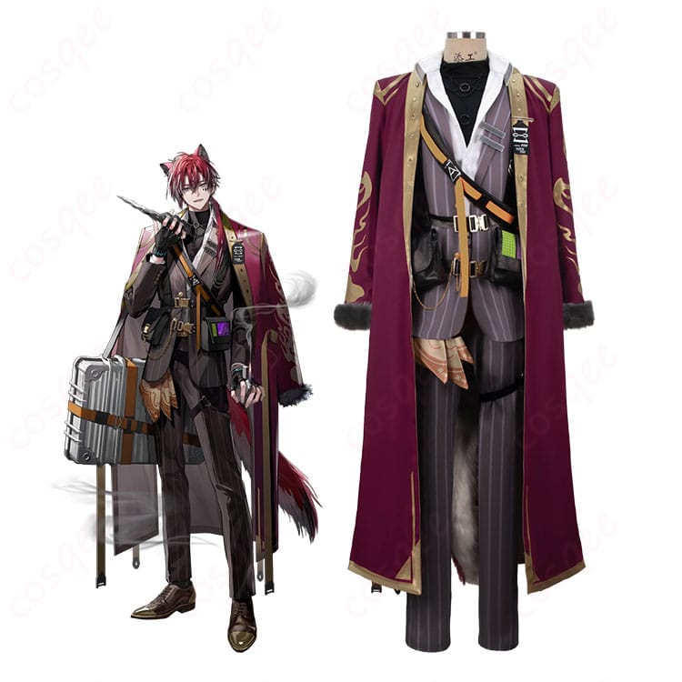 アークナイツ ベッローネのフルコーデ着用イメージ。コートとマント、耳飾り・尻尾付きでキャラクター性を再現。