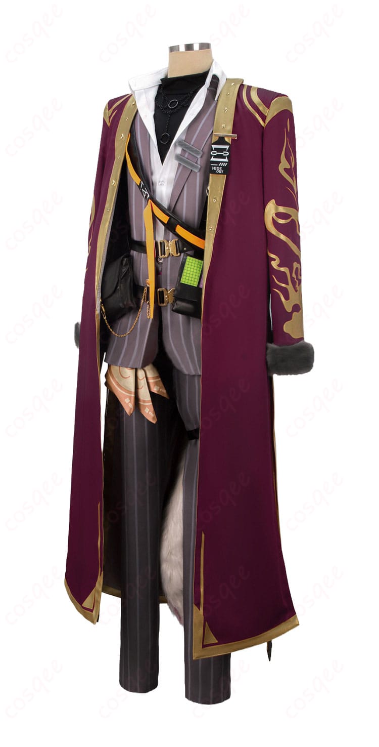 アークナイツ ベッローネ衣装の側面。マントの落ち感とウエストポーチ配置、太もも飾りの位置が確認できる。