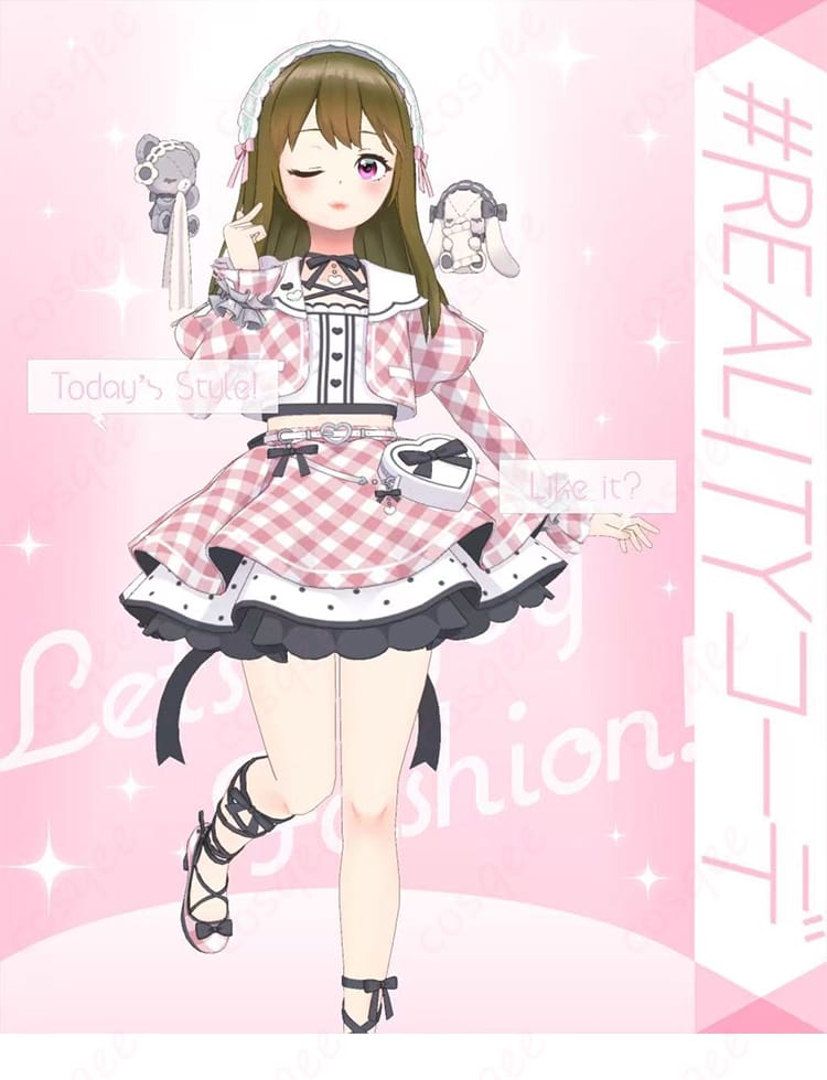 VTuber風 学園系コスプレ衣装一式の商品画像。コート・インナー・スカート・ベルト・腰飾り・髪飾りの6点セット構成が分かる全身イメージ