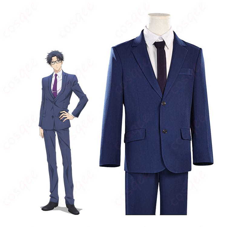 二藤宏嵩のスーツ衣装を着用した全身イメージ。落ち着いたネイビーとシンプルなネクタイでクールに再現。