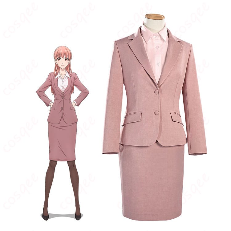 桃瀬成海のピンクスーツ衣装を着用したキャラクターイメージ。淡いピンクのジャケットとスカート、白シャツ、黒タイツの通勤スタイル。