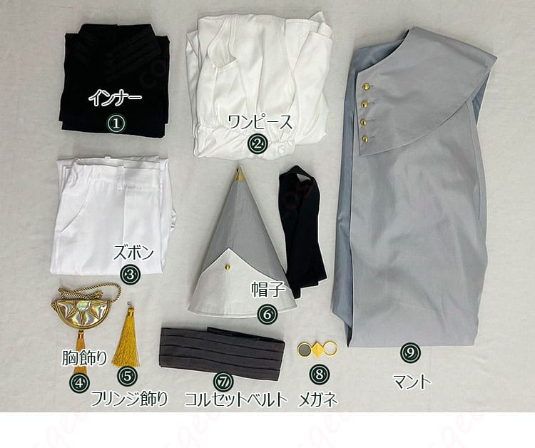 セット内容一式（ワンピース、インナー、ズボン、帽子、胸飾り、マント、フリンジ飾り、コルセットベルト、メガネ）の並び