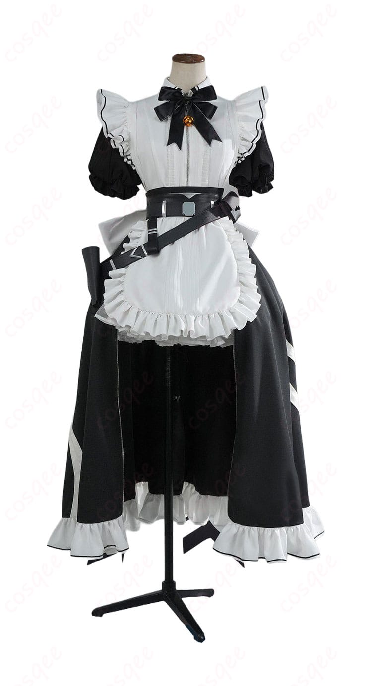 メイド服コスチュームの正面全体像(高発色の配色とウエストライン)