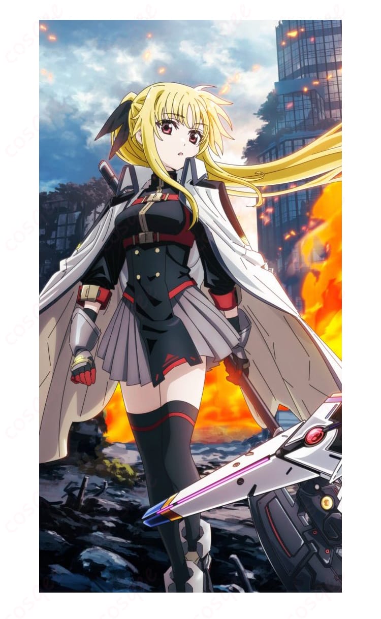 魔法少女リリカルなのは フェイト・テスタロッサの魔法少女コスプレ衣装を着用した全身正面カット。ハリ感あるスカートと高再現ディテールが映える商品画像。