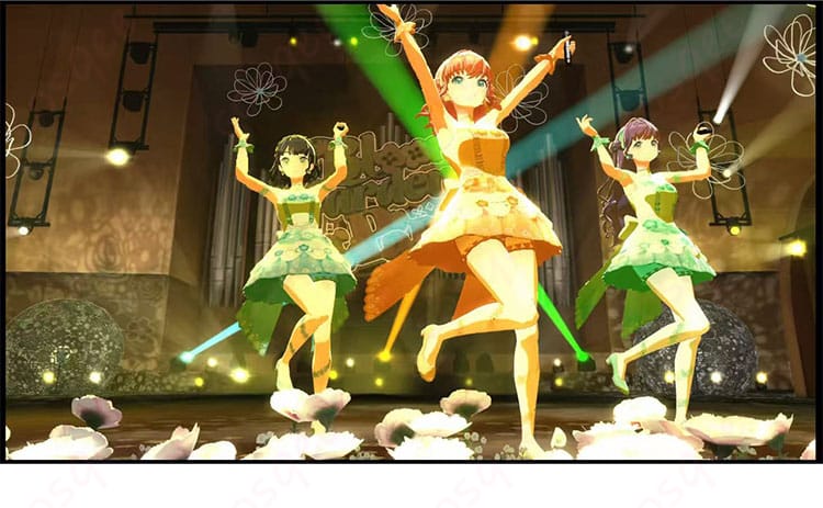 衣襟の装飾アップ。襟元の意匠とアクセントカラー、ステージ衣装らしい質感表現に焦点。