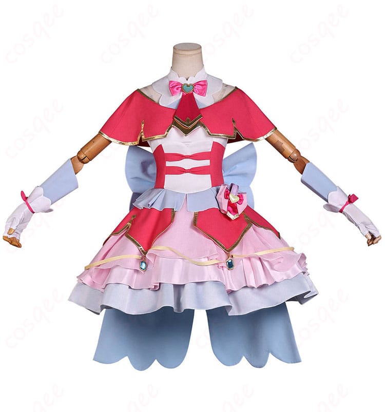キュアミスティック変身後ドレスの正面全体。高発色の配色とAラインシルエット