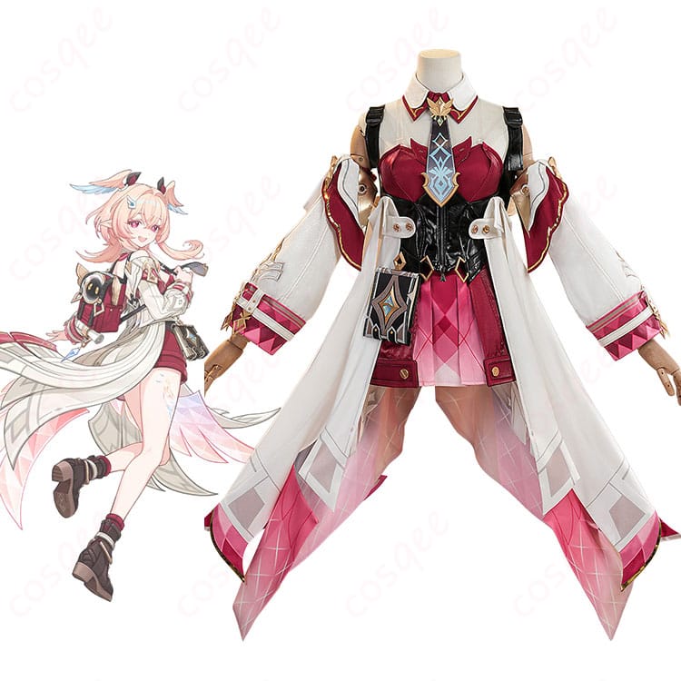 原神 リンネアのキャラクター着用イメージ。翼と背飾り、エルフ耳を装着した全身コーデを前景で表現
