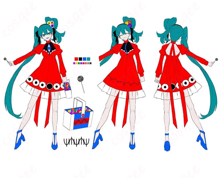 初音ミク パノプティコンψVer. ビジュアル着用イメージ。高発色×サイバー配色のドレスを全身で再現。