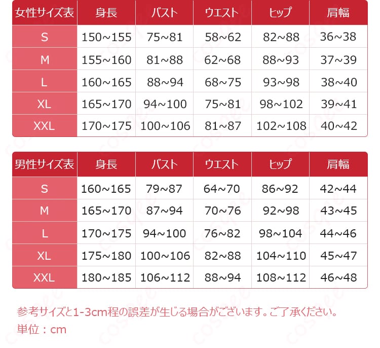 サイズ案内。S・M・L・XLとオーダーメイド対応の寸法ガイドと推奨採寸ポイントを示した図。