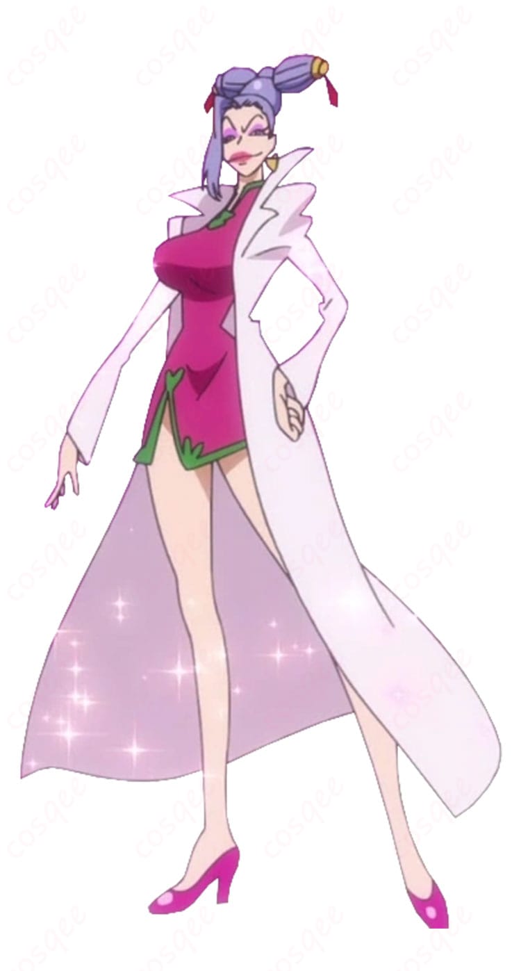 ONE PIECE ナイチンのワールド海賊団 船医コスプレ一式を着用した全身イメージ。白コートとチャイナ風ドレスのバランスが分かるカット。