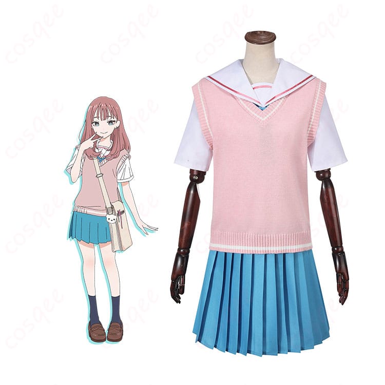 学園制服コスプレのピンクベスト着用イメージ。白シャツとネクタイの清楚な組み合わせ
