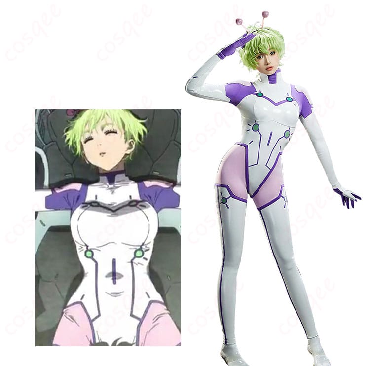 ダンダダンのバモラ戦闘服コスプレ一式を着用したモデルの全身イメージ
