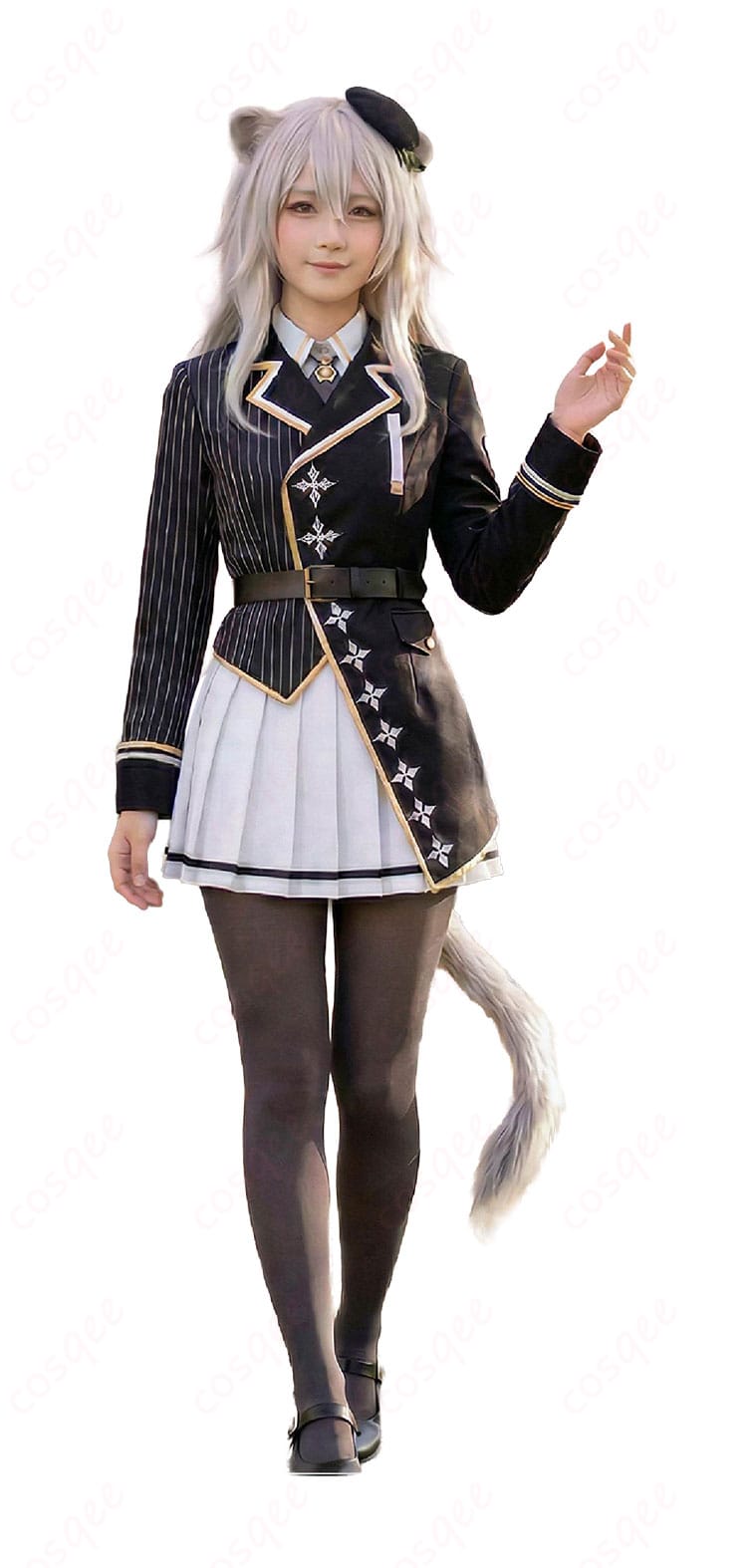 獅白ぼたん 制服Ver. コスプレ衣装セットの正面平置き写真(コートとワンピースの配色が分かる)