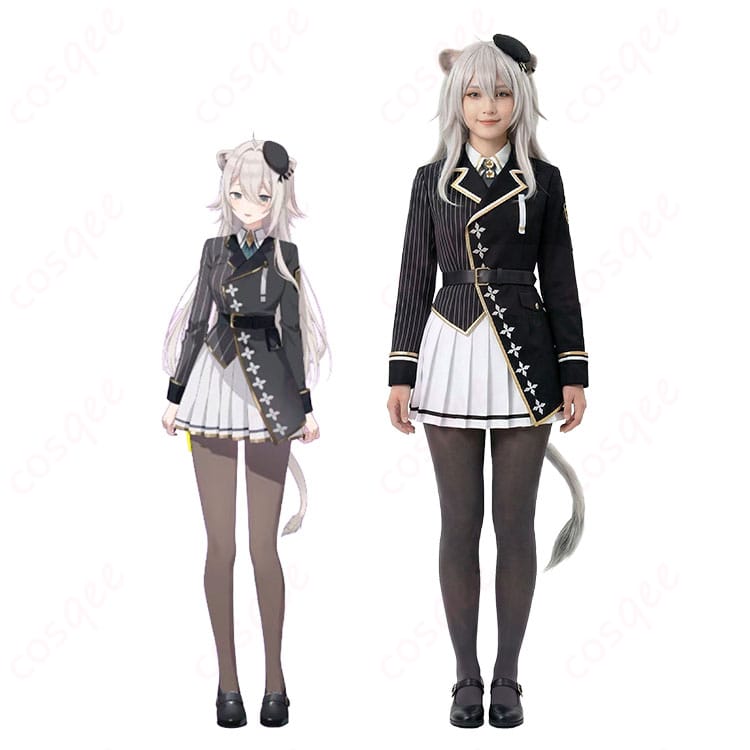 獅白ぼたん 新衣装 制服Ver. コスプレの着用イメージ。帽子・耳・コート・ベルトを含むフルコーデ全身画像