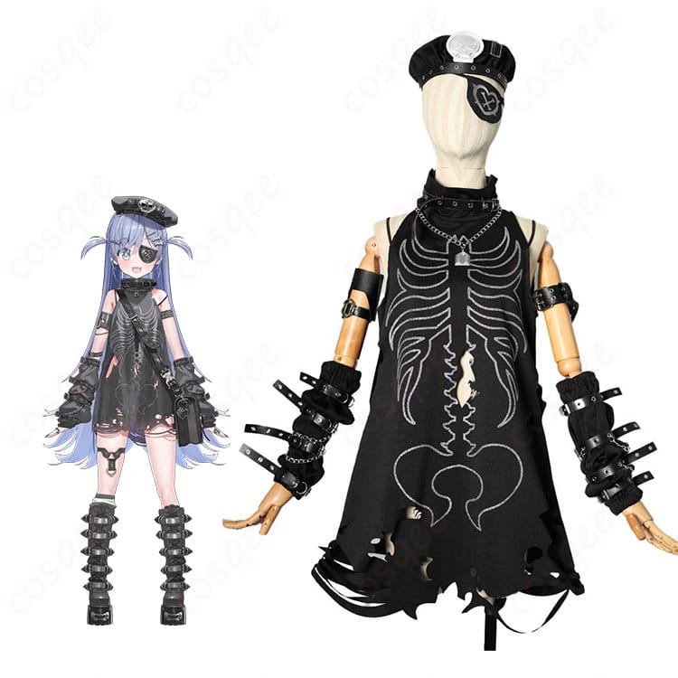 夜乃くろむ 初期衣装コスプレ一式を着用したイメージ。ダーク×パンクの雰囲気とアイパッチが映える全身スタイル