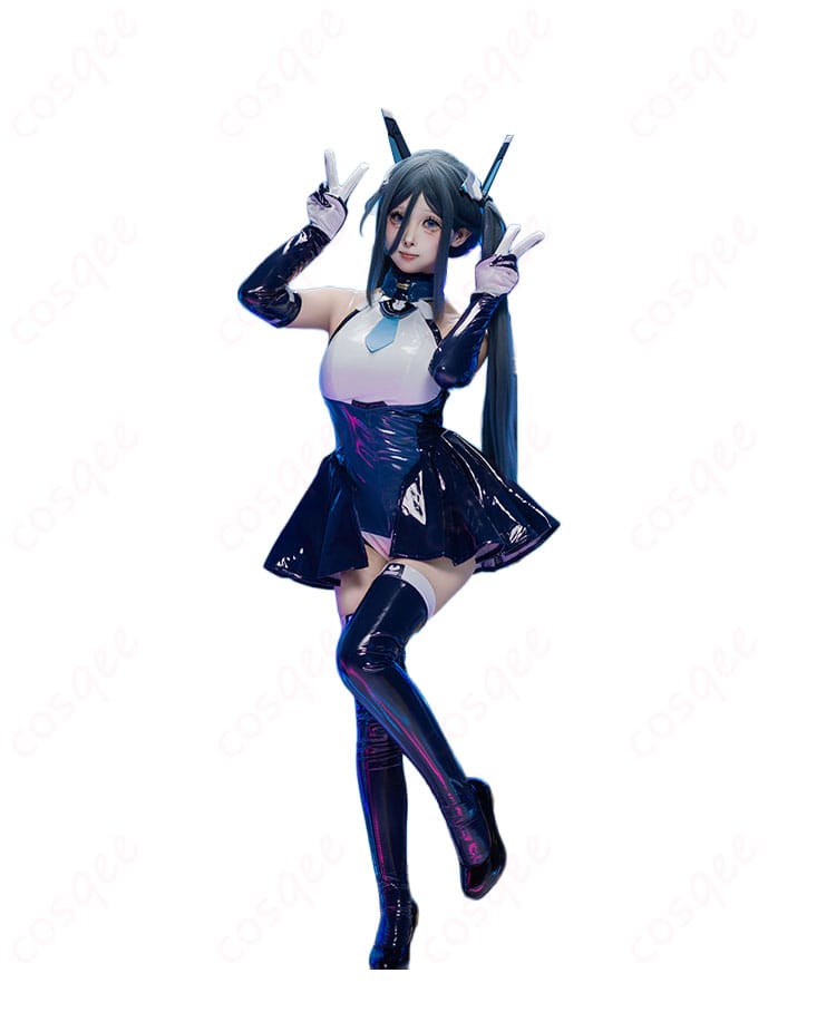 天童アリス 戦闘服コスプレの正面全身カット(レオタード・リボン・手袋・靴下)