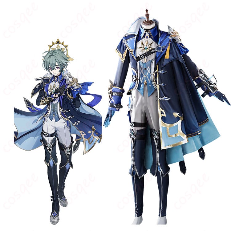 原神系ファンタジー装束の着用イメージ。肩鎧と前マント装飾、チェーンが映えるクールなビジュアル。
