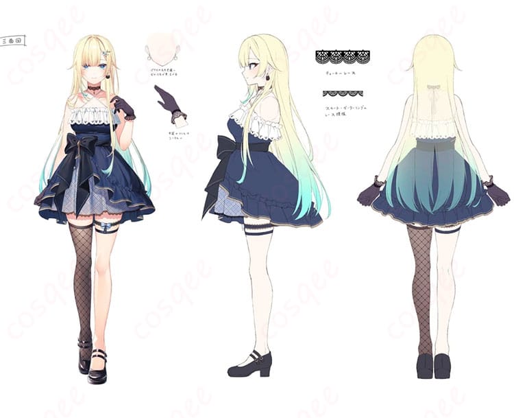 藍沢エマ初期衣装コスプレのドレス全体と華やかな装飾ディテール
