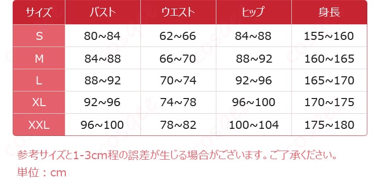 無期迷途 エブン『たゆたう心』サイズ表。S〜XXLの各部位寸法ガイド。