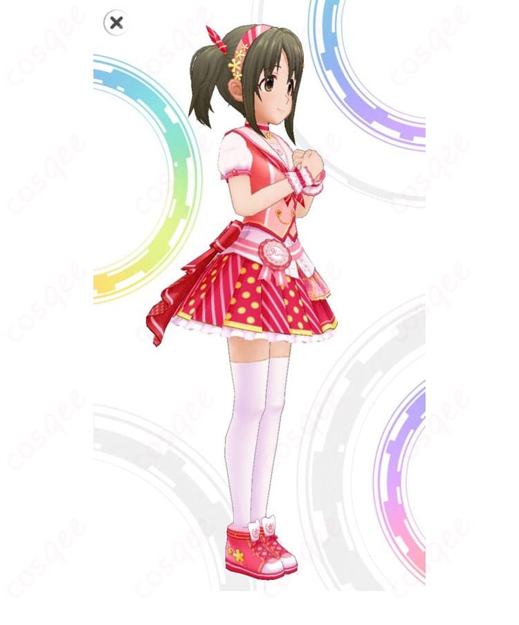 今井加奈 SSR「メモリアルデイズ」特訓後コスプレ衣装の右側面。ウエストラインとスカートフレア、ニーハイの見え方を確認できるサイドビュー。