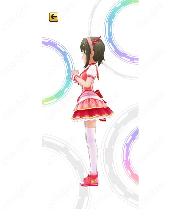 今井加奈 SSR「メモリアルデイズ」特訓後コスプレ衣装の左側面。腰リボンの立体感とトップスのシェイプが分かるサイドビュー。
