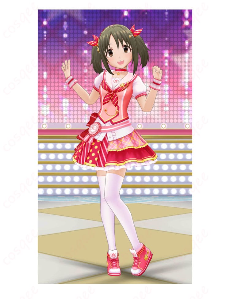 今井加奈 SSR「メモリアルデイズ」特訓後コスプレ衣装の正面全体。トップスとフレアスカート、大きな腰リボンのバランスが分かるフロントビュー。