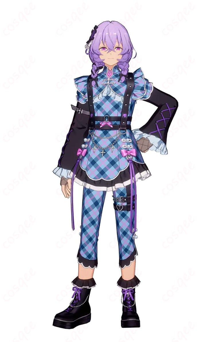 花群冬芽 ユメ『Poison Ribbon』コスプレ衣装の正面全身。高コントラスト配色とハーネスが映えるデザインを確認できる画像