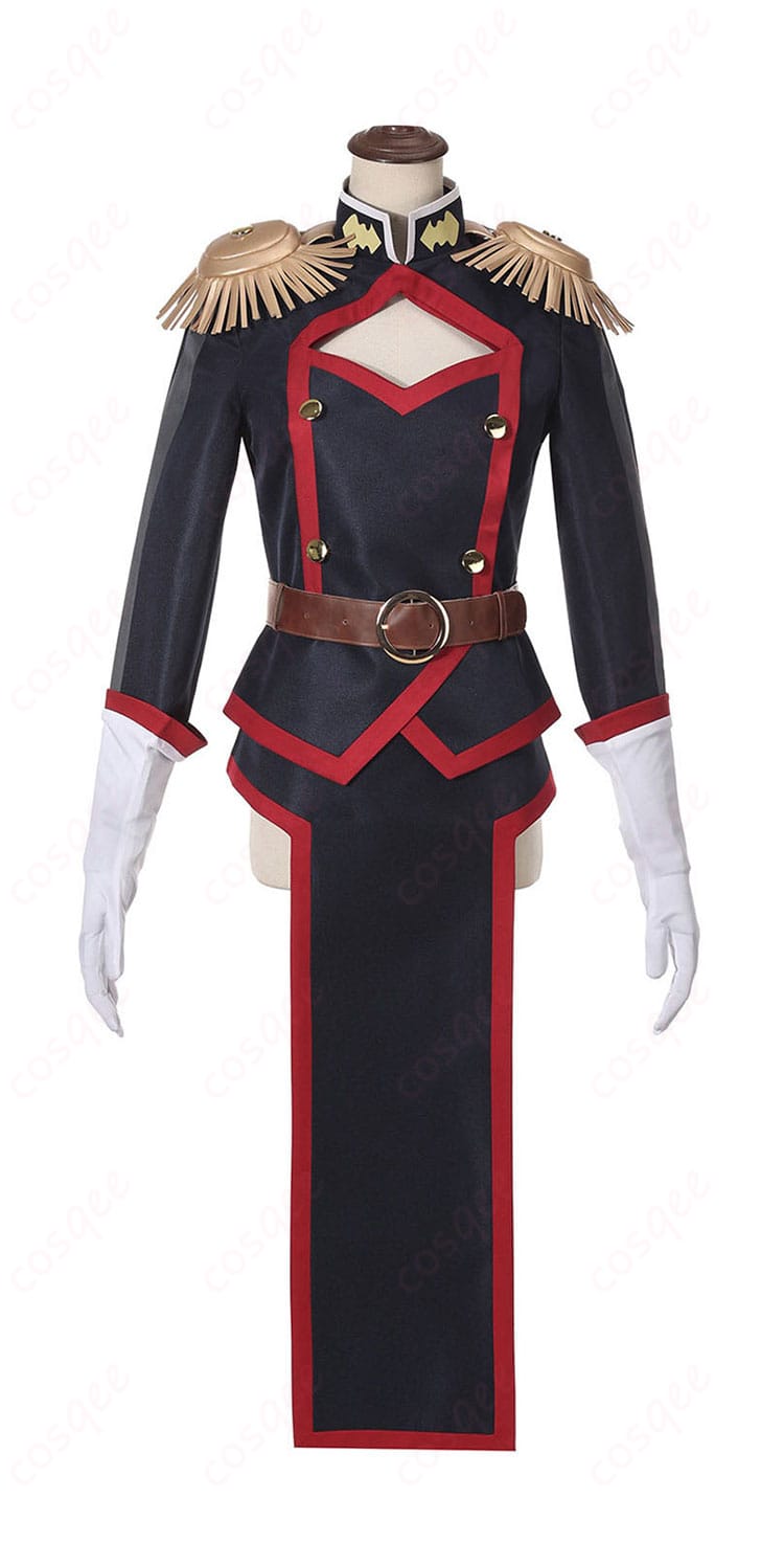 羽前京香 九番組制服の上着と短パンの正面全身。襟元とフロントのラインが見えるカット