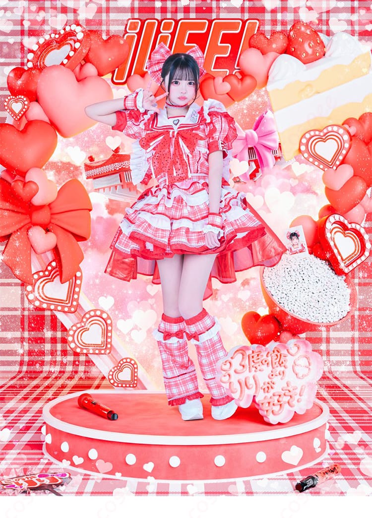 心花りり 赤チェック新アー写衣装一式の正面全身イメージ|トップス・スカート・リボン・頭飾りなどのセット内容が分かるカット