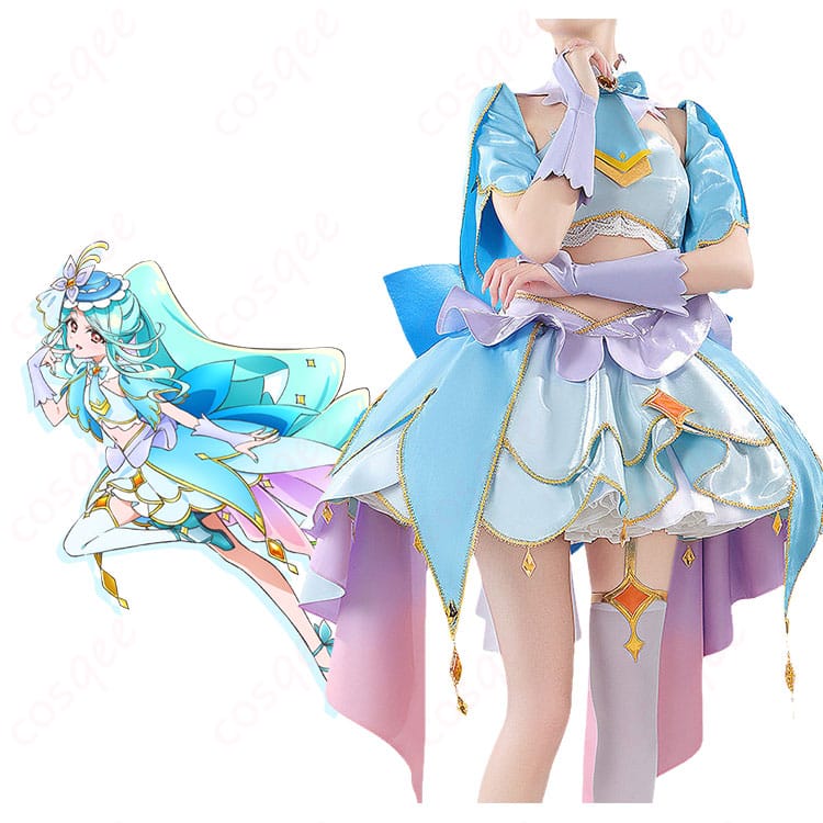 キュアエクレールの変身ドレス一式を着用した全身イメージ。カラーリングとシルエットが分かる商品人物画像。