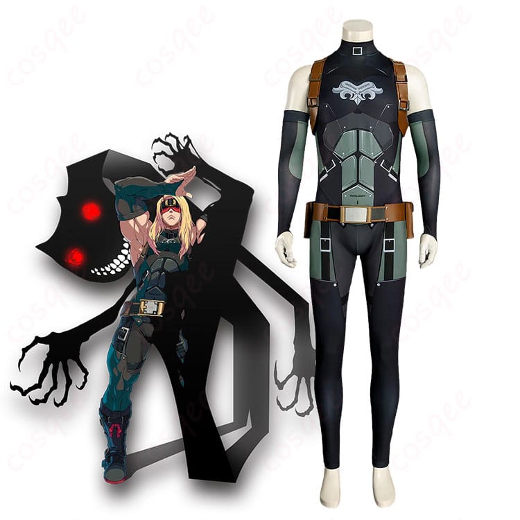 ザトー=ONE(GUILTY GEAR -STRIVE-)通常衣装の着用イメージカット。ジャンプスーツと多層ベルト、眼帯を装備。