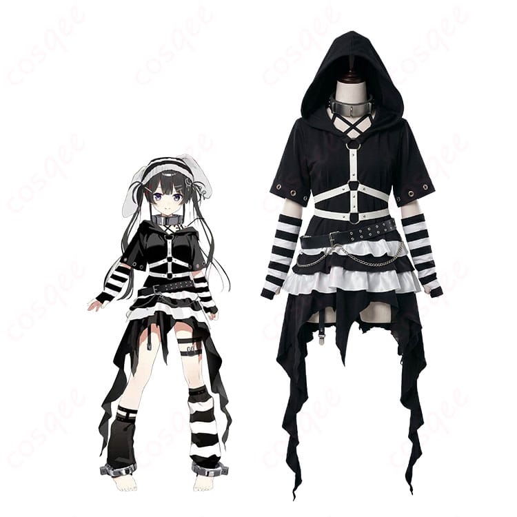 月ノ美兎 囚人服風コスプレ一式のイメージカット。うさ耳フードとボーダー柄が目を引く全身コーデ。