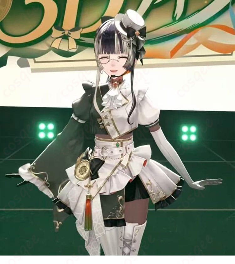 儒烏風亭らでん 新衣装コスプレ 正面全身カット|落ち着いた配色とハリのあるスカートシルエット