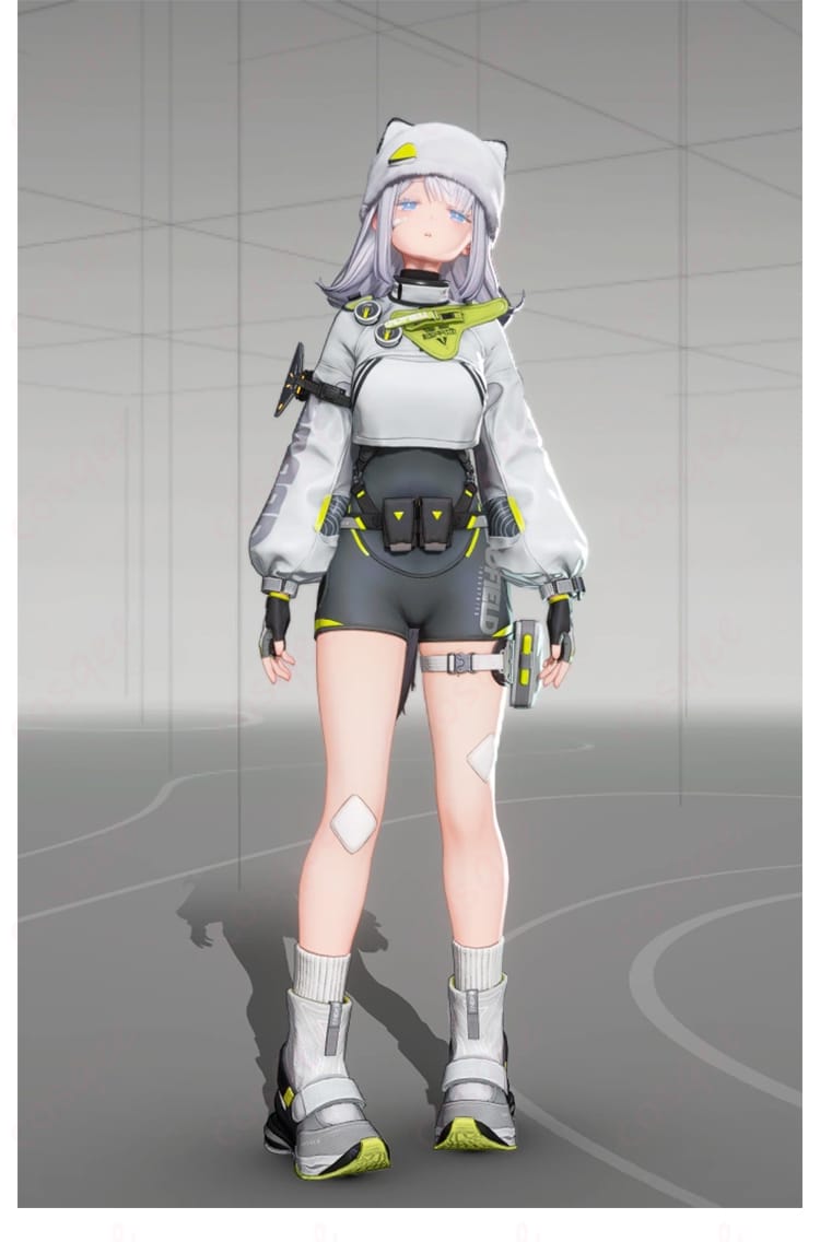 アークナイツ:エンドフィールド エステーラ コスプレ衣装、ネコ耳帽子とハーネスベルト付きフルセットの背面・装飾イメージ