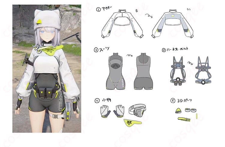 アークナイツ:エンドフィールド エステーラ コスプレ衣装のネコ耳帽子、胸飾り、ハーネスベルトを含む全体装飾ディテール