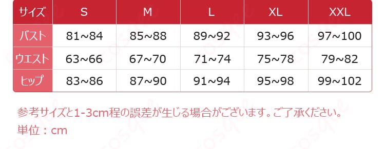 コスプレ衣装のサイズ表。S・M・L・XLの寸法目安が一目で分かる図