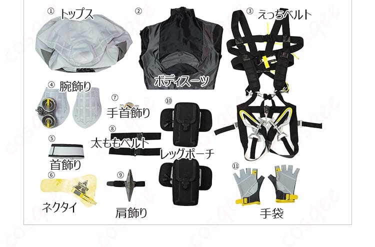 セット内容一式のレイアウト展示(ボディスーツ・トップス等)