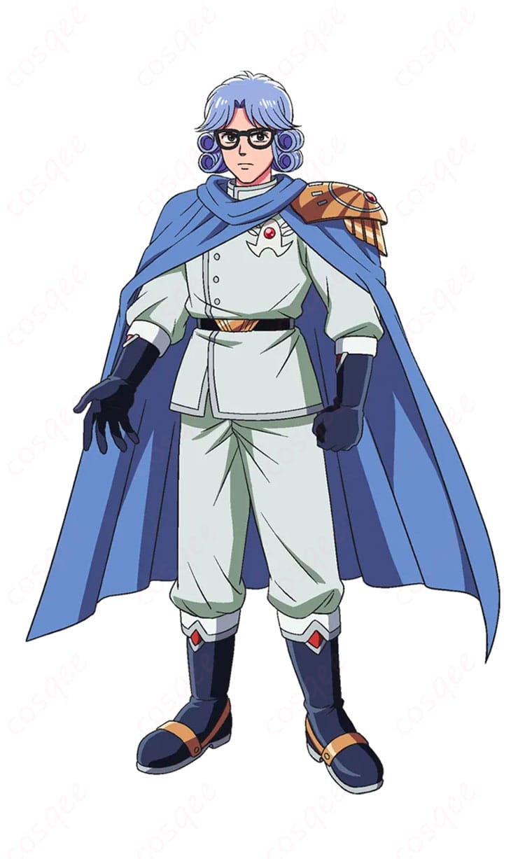 アバン=デ=ジニュアール3世の勇者戦闘服コスプレ一式を着用した全身イメージ。ハリ感のある上着と端正なマントが映える正面ビジュアル。