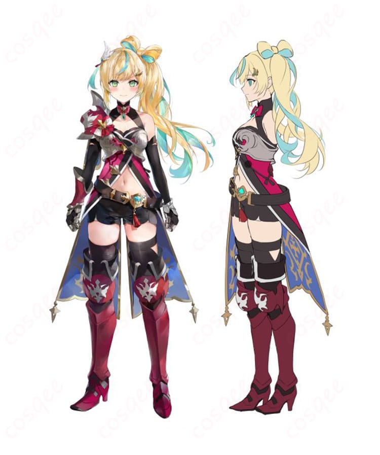 立伝都々 デフォルト衣装の正面全体と左側ディテール。高コントラスト配色とハリ感のある生地、アクセ一体の意匠を鮮明に確認できる画像。