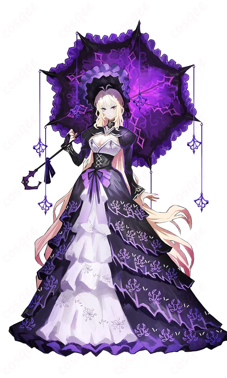 Limbus Company ドルシネアのコスプレ衣装一式。ハリ感あるドレスと高コントラスト配色が映える全身コーデの正面カット