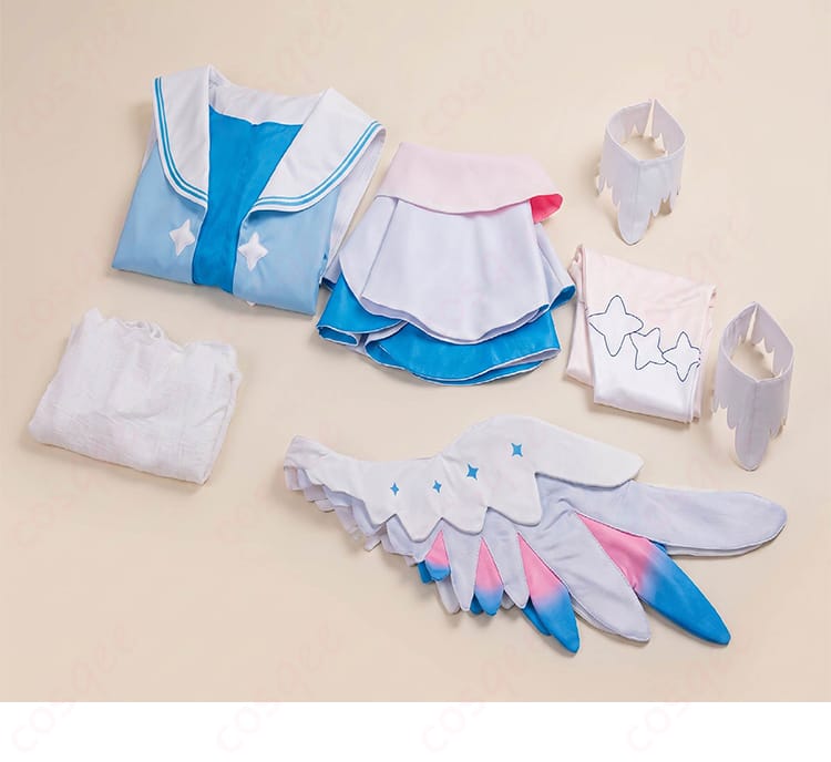 天音かなた天使衣装のコート、トップス、スカート、つけ襟、靴下、翼のセット内容