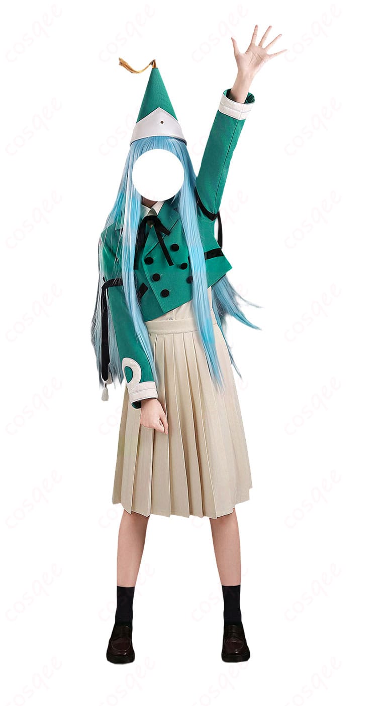 モデルが着用したリチェ 制服風コスプレ衣装の正面全身カット(とんがり帽子のアトリエ/端正なシルエットが分かる)