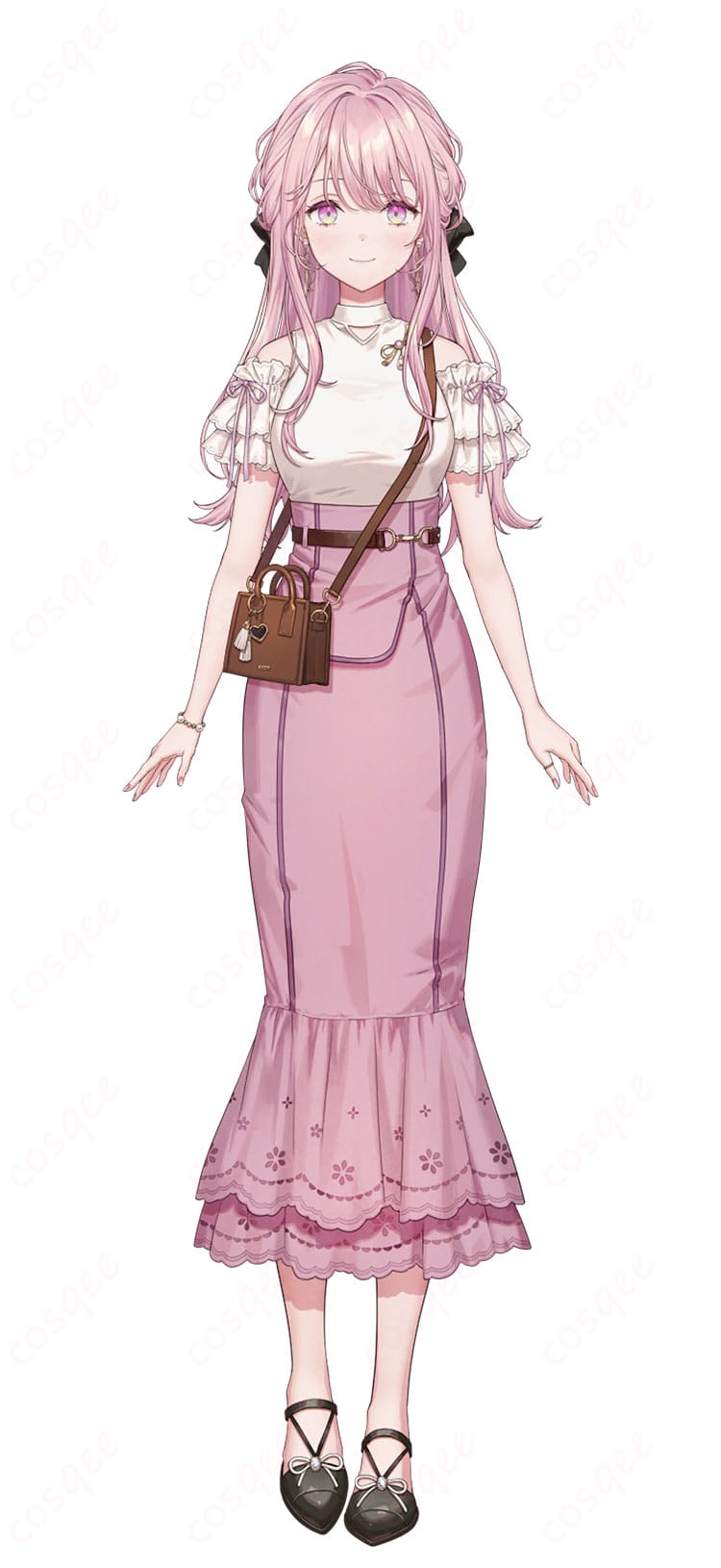 御子神琴音のデフォルト衣装を着用した全身イメージ。ブラウス&スカートの制服風シルエットと高コントラスト配色が映えるカット