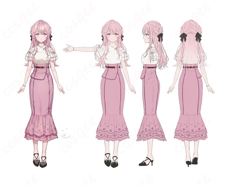 御子神琴音デフォルト衣装の装飾ディテール。襟ライン、ボタン、リボン、裾の縫製を近接で示した写真
