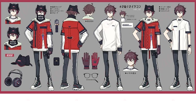 三枝明那 新衣装コスプレのセット全体ディテール。赤×黒の高コントラスト配色と猫耳キャップ意匠を示す内容展示画像。