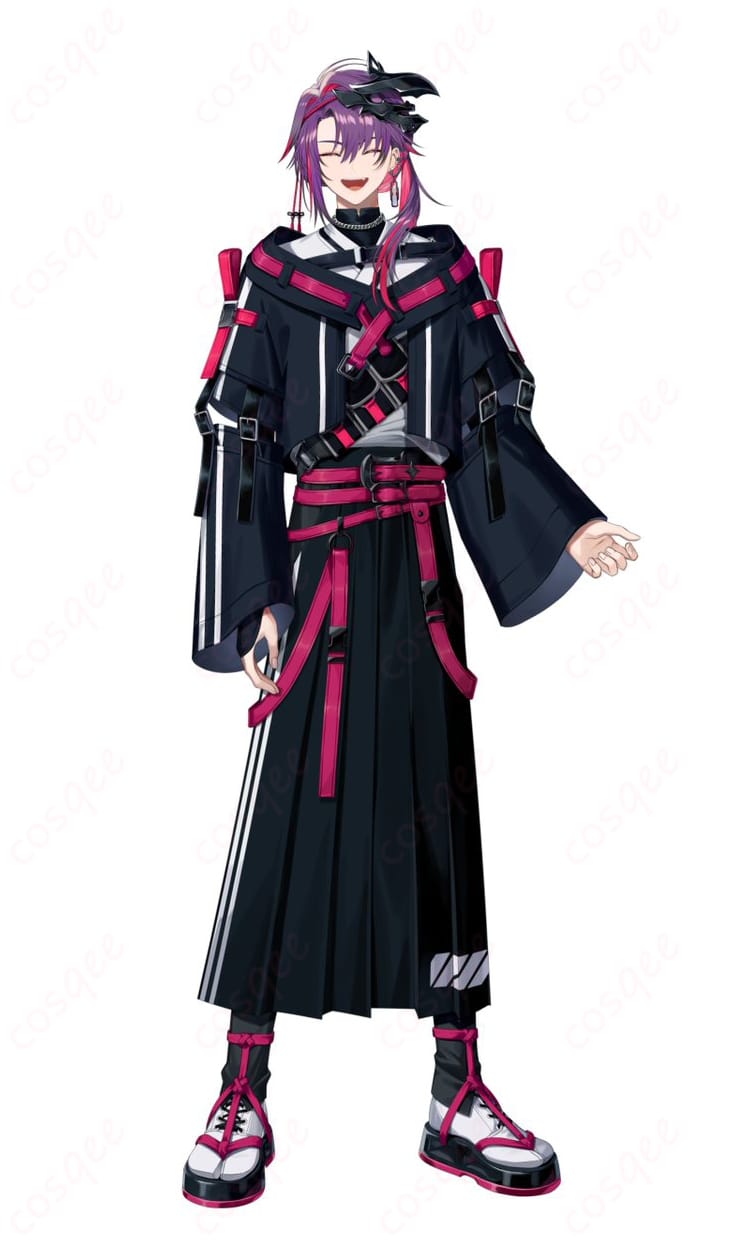 にじさんじ 渡会雲雀 和装新衣装のコスプレ衣装・黒×マゼンタ配色の全身イメージ